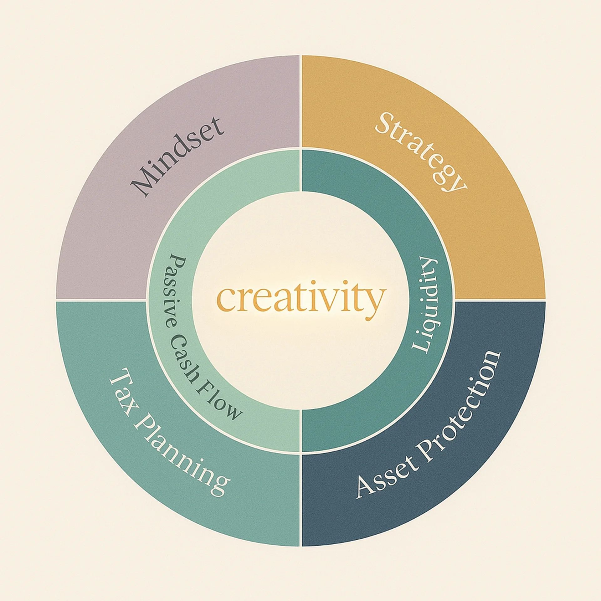 Creativity at the center, protected by rings of passive cash flow and liquidity, surrounded by mindset, strategy, asset protection, and tax planning