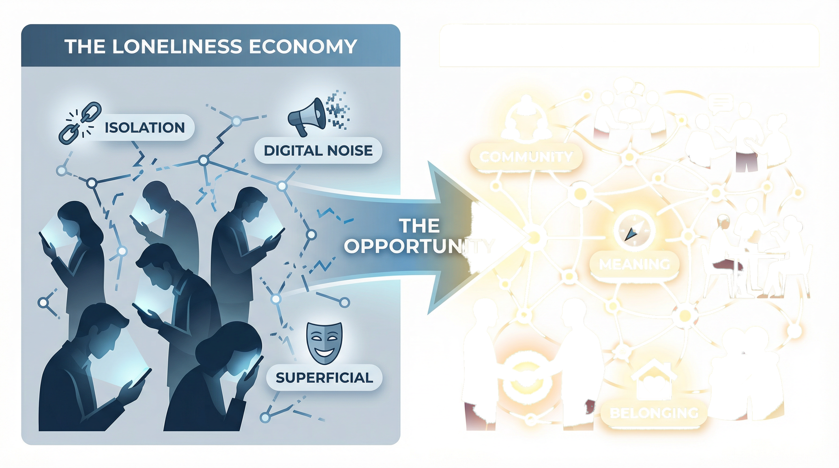 Diagram contrasting the Loneliness Economy with the Connection Economy